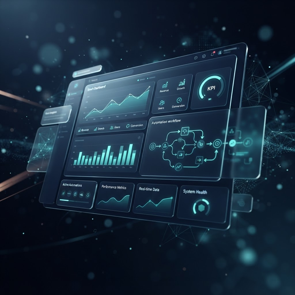 A smart analytics dashboard showing business insights and automated workflows