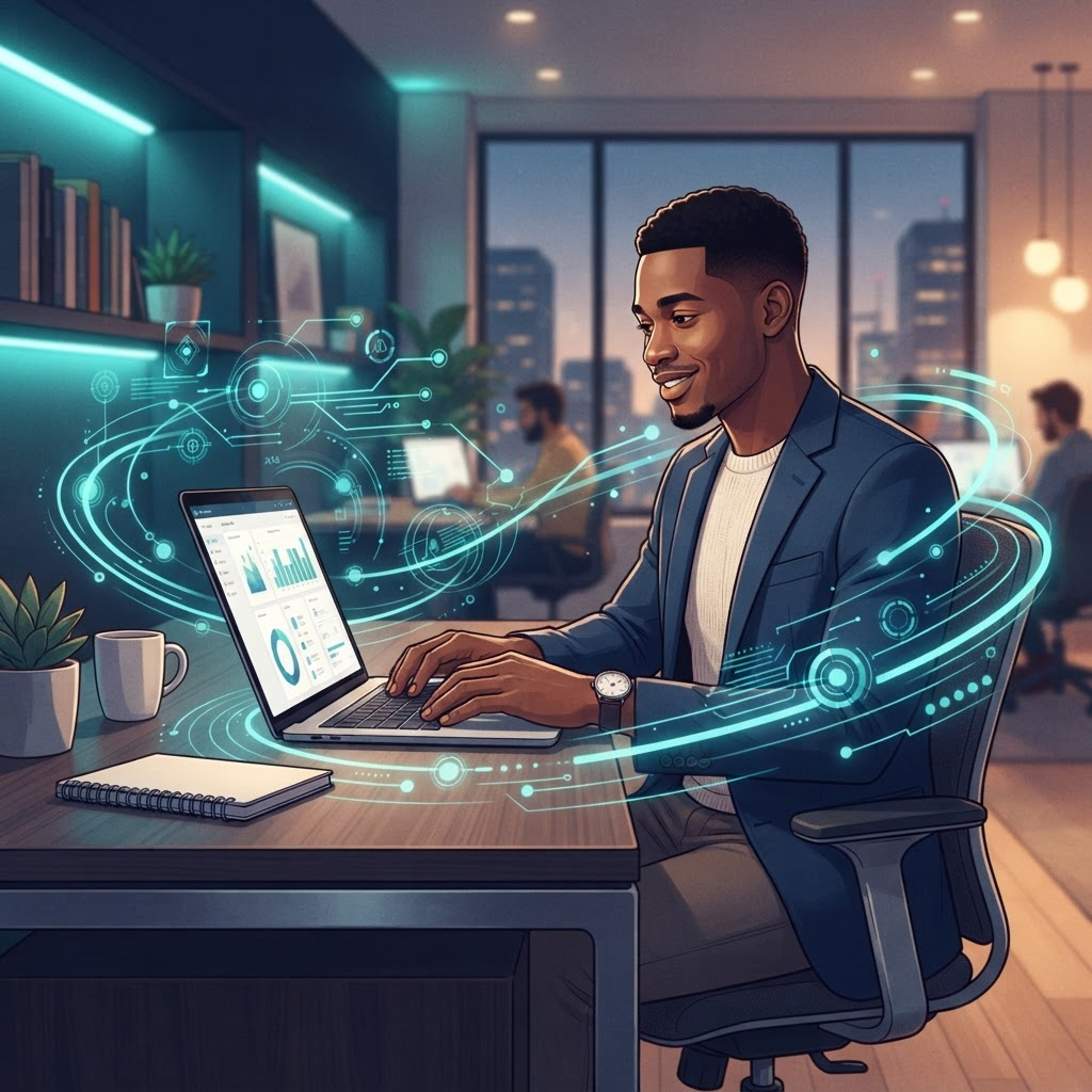 An entrepreneur running their business on autopilot with automated digital workflows